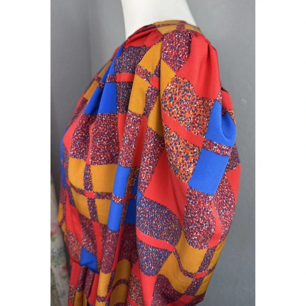 VTG‎ 80s Patchwork Eileen Scott Pleated Secretary Geek Dress USA  Long Sleeve